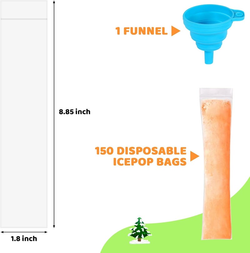 Wercokt Ice Popsicle Mold Bags, 150 Disposable Bags with Funnel, BPA Free Freezer Tubes, Healthy Snack Yogurt Stick Juice Fruit Smoothies Ice Freezing - Image 2