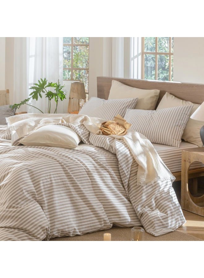 MooMee Striped Duvet Cover Set 100% Washed Cotton Linen Like Textured Breathable Durable Soft Comfy (Tannish Linen Grey White Classic Stripes, Cal King 104"x98") - Image 3