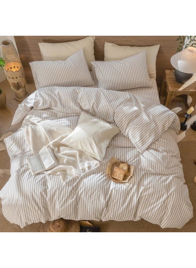 MooMee Striped Duvet Cover Set 100% Washed Cotton Linen Like Textured Breathable Durable Soft Comfy (Tannish Linen Grey White Classic Stripes, Cal King 104"x98") - Image 5