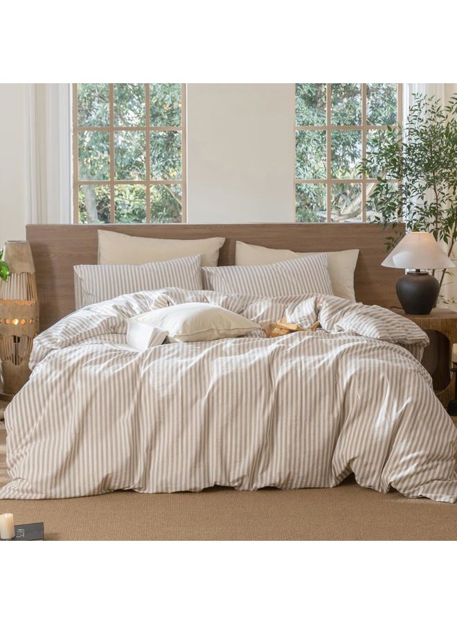 MooMee Striped Duvet Cover Set 100% Washed Cotton Linen Like Textured Breathable Durable Soft Comfy (Tannish Linen Grey White Classic Stripes, Cal King 104"x98") - Image 1