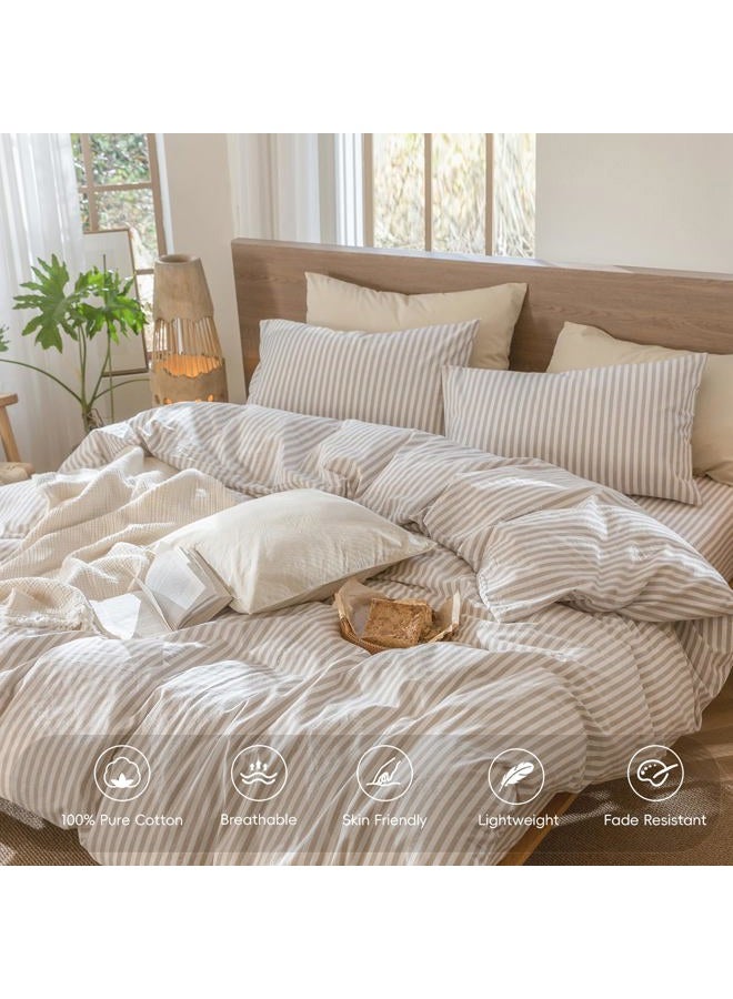 MooMee Striped Duvet Cover Set 100% Washed Cotton Linen Like Textured Breathable Durable Soft Comfy (Tannish Linen Grey White Classic Stripes, Cal King 104"x98") - Image 4