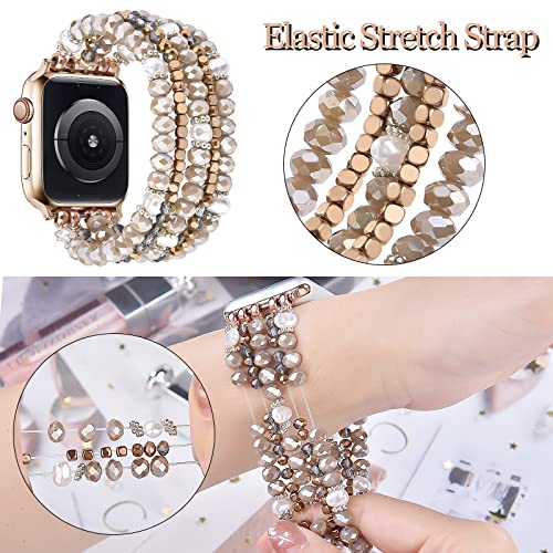 MOFREE Beaded Bracelet Compatible for Apple Watch Band 38mm/40mm/41mm/42mm(Series 10) Women,Fashion Handmade Beads Elastic Stretch Strap for iWatch Series 10/9/8/7/SE/6/5/4/3/2/1 Coffee - Image 4