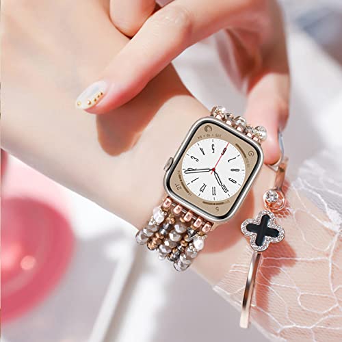 MOFREE Beaded Bracelet Compatible for Apple Watch Band 38mm/40mm/41mm/42mm(Series 10) Women,Fashion Handmade Beads Elastic Stretch Strap for iWatch Series 10/9/8/7/SE/6/5/4/3/2/1 Coffee - Image 3