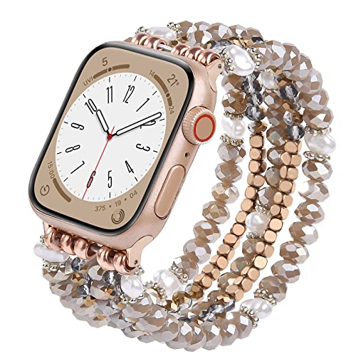 MOFREE Beaded Bracelet Compatible for Apple Watch Band 38mm/40mm/41mm/42mm(Series 10) Women,Fashion Handmade Beads Elastic Stretch Strap for iWatch Series 10/9/8/7/SE/6/5/4/3/2/1 Coffee - Image 1