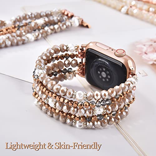 MOFREE Beaded Bracelet Compatible for Apple Watch Band 38mm/40mm/41mm/42mm(Series 10) Women,Fashion Handmade Beads Elastic Stretch Strap for iWatch Series 10/9/8/7/SE/6/5/4/3/2/1 Coffee - Image 2