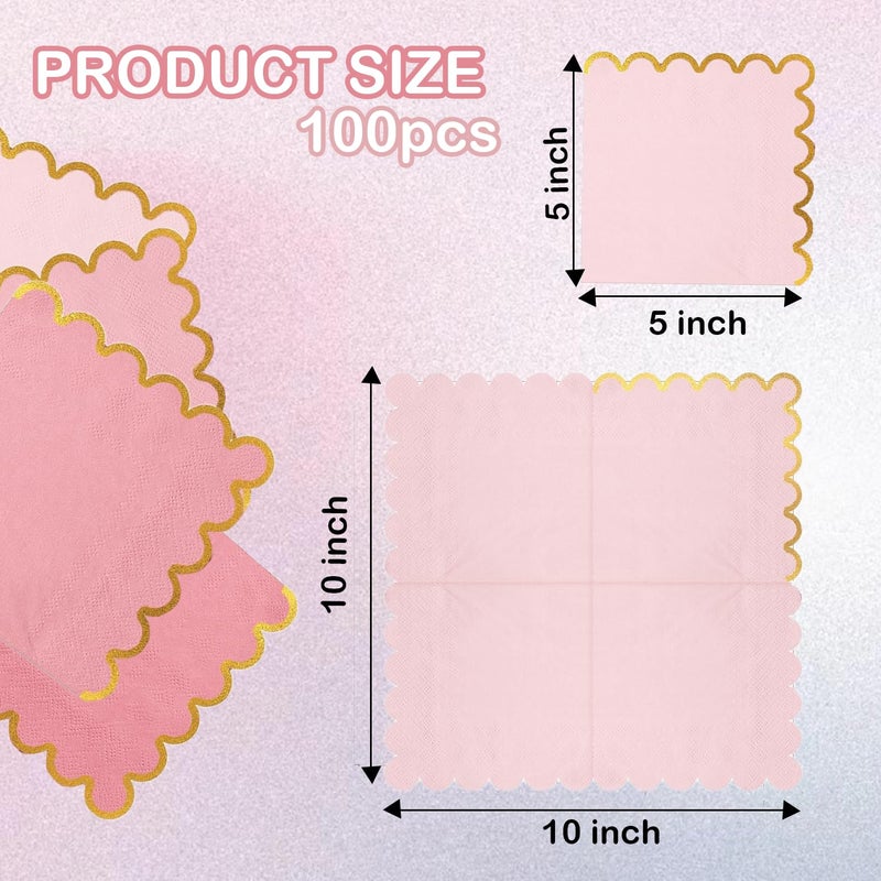 Leapig 100 pack Pink Mix Cocktail Napkins with Gold Foil Accents Scalloped Edges 5 x 5 inch Beverage Disposable Napkin Party Decoration Wedding Bridal and Baby Shower Dinner Lunch Supplies - Image 2
