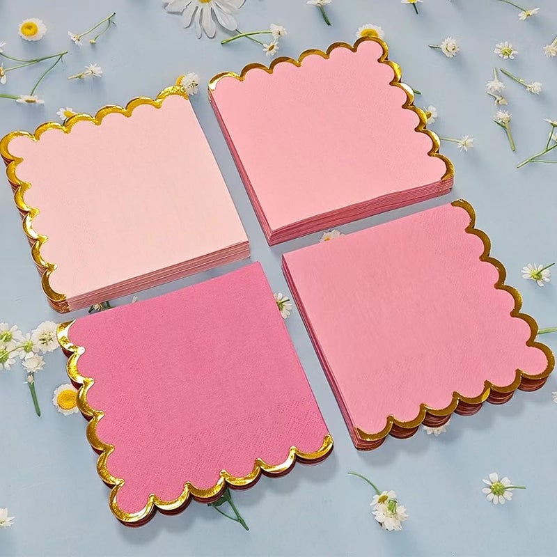 Leapig 100 pack Pink Mix Cocktail Napkins with Gold Foil Accents Scalloped Edges 5 x 5 inch Beverage Disposable Napkin Party Decoration Wedding Bridal and Baby Shower Dinner Lunch Supplies - Image 3