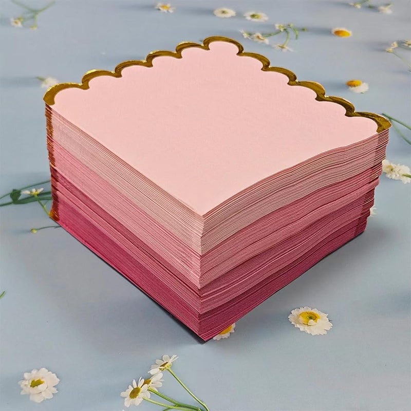 Leapig 100 pack Pink Mix Cocktail Napkins with Gold Foil Accents Scalloped Edges 5 x 5 inch Beverage Disposable Napkin Party Decoration Wedding Bridal and Baby Shower Dinner Lunch Supplies - Image 4