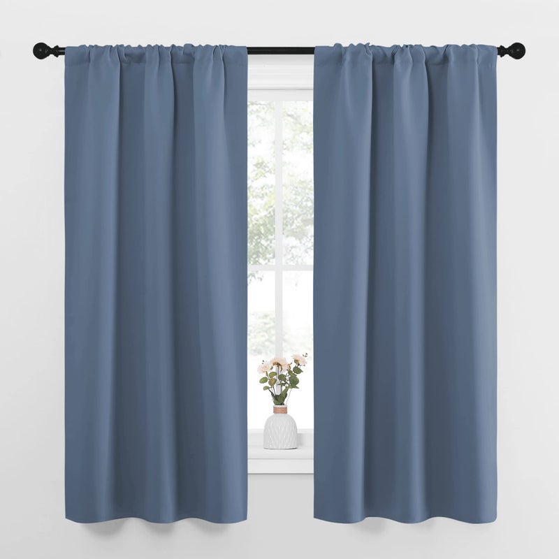 NICETOWN Bedroom Curtains Home Decoration Solid Thermal Insulated Draperies  Drapes Blackout Window Curtains for Kitchen Stone Blue 2 Panels 34 in x 63 in W x L