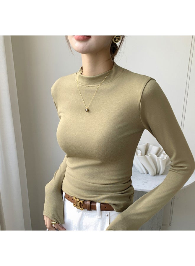 Women's Half Turtleneck Bottoming Shirt Autumn And Winter Fleece-lined Thickened Inner Wear High-grade Slim-fit Brushed White Long-sleeved Top