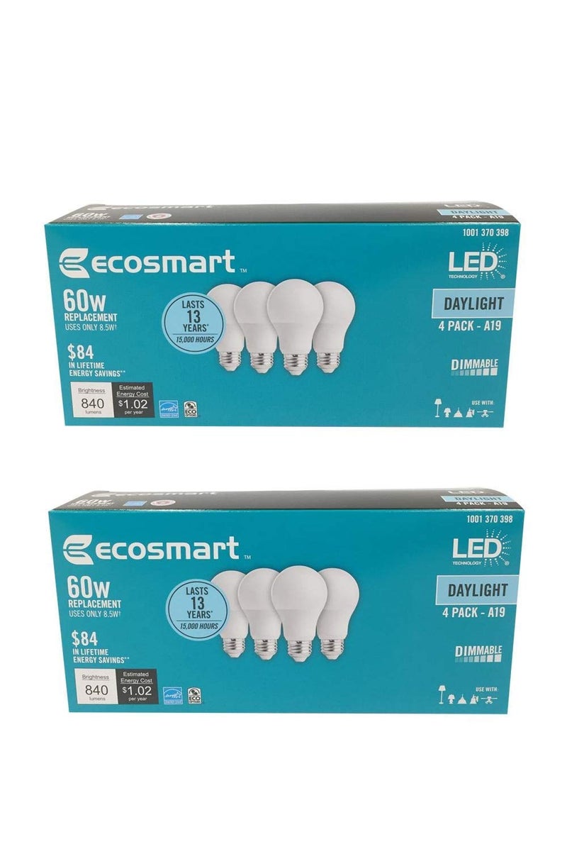 مصباح LED قابل للتعتيم 60 واط مكافئ ضوء النهار A19 طاقة نجمة (8 عبوات)