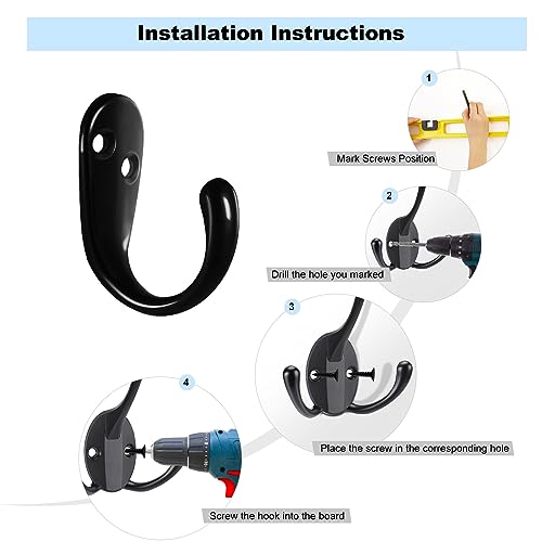Kruodop 4 Pack Wall Hooks Wall Mounted Coat Hooks for Hanging Heavy Duty, Black Towel Hooks, Metal Single Coat Hanger with Screws Cup Retro for Coats, Handbags, Towels - Image 3
