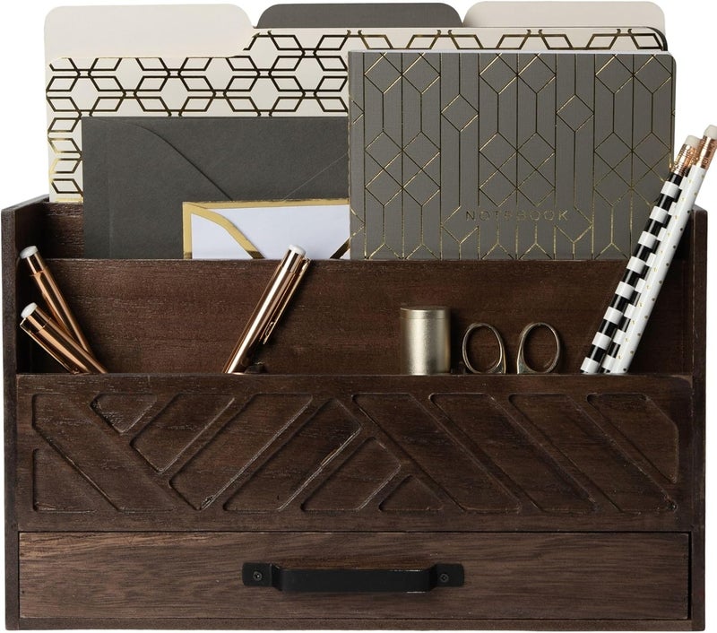 Blu Monaco Mail Organizer for Desk – Brown Wooden Mail Sorter with Drawer and 6 Compartments – Rustic Letter Organizer with Black Handle – Desktop File Holder for Home Office, Entryway, or Kitchen - Image 1