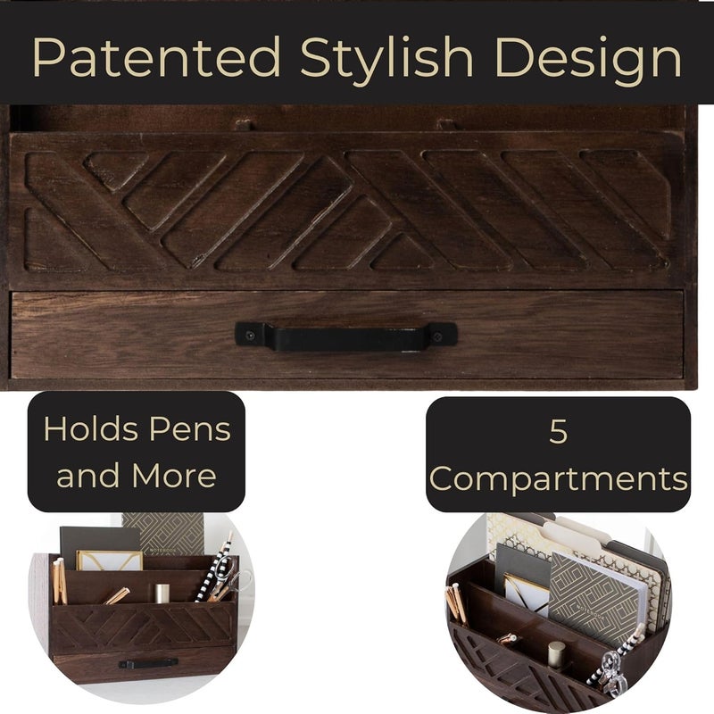 Blu Monaco Mail Organizer for Desk – Brown Wooden Mail Sorter with Drawer and 6 Compartments – Rustic Letter Organizer with Black Handle – Desktop File Holder for Home Office, Entryway, or Kitchen - Image 5