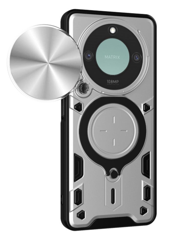 Case Cover Shockproof CD Protective Case with Camera Protection and Metal Ring Compatible with Honor X9C Smart (Silver)