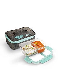 Allo Allo FoodSafe Compartment Glass Lunch Box with Break Free Lock, Microwave Safe, Borosilicate Glass Container with Partition Divider, Office Tiffin with Canvas Grey Bag, 1000ml, Rectangle  - Image 1