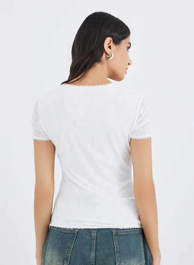 Take Two Take Two Textured Lace Trim V-Neck Knit Top