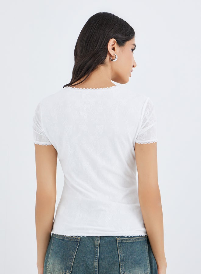 تايك تو بلوزة محبوكة بياقة على شكل حرف  مزينة بالدانتيل - Image 4