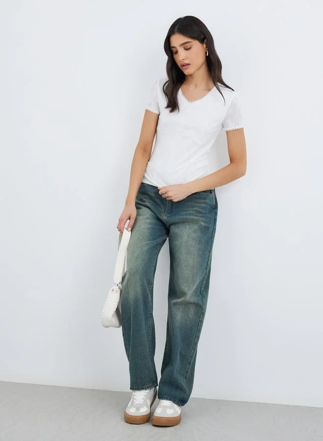 Take Two Take Two Textured Lace Trim V-Neck Knit Top