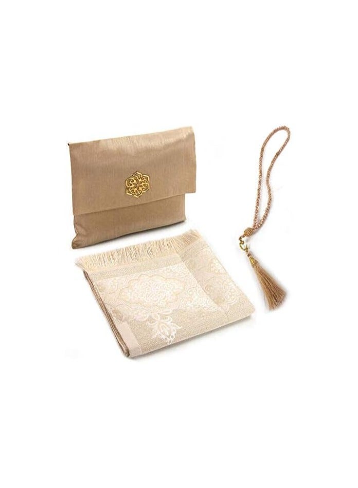 Muslim Prayer Rug and Beads with Elegant Slub Fabric Bag | Janamaz | Sajadah | Soft Islamic Prayer Rug | Islamic Gifts | Prayer Carpet Mat, Taffeta Fabric, Gold - Image 1