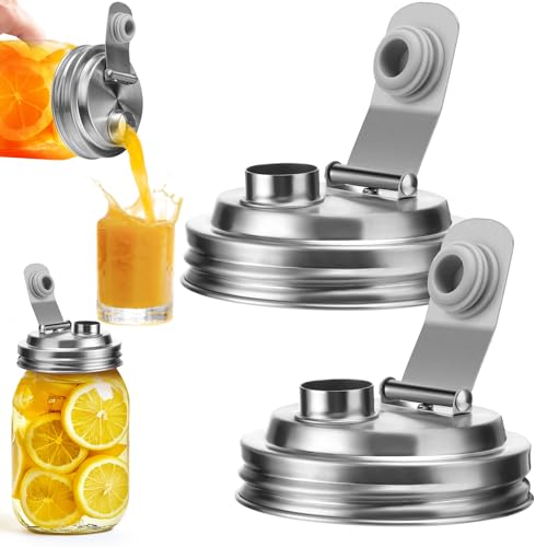 Palksky Mason Jar Pour Spout Lid Stainless Steel, Wide Mouth Pour Spout Flip Cap Lids for Mason Jars, anticracking Leak Proof Seal Cover Airtight for Drinking Salad Dressing & Food Storing(2PCS) - Image 1
