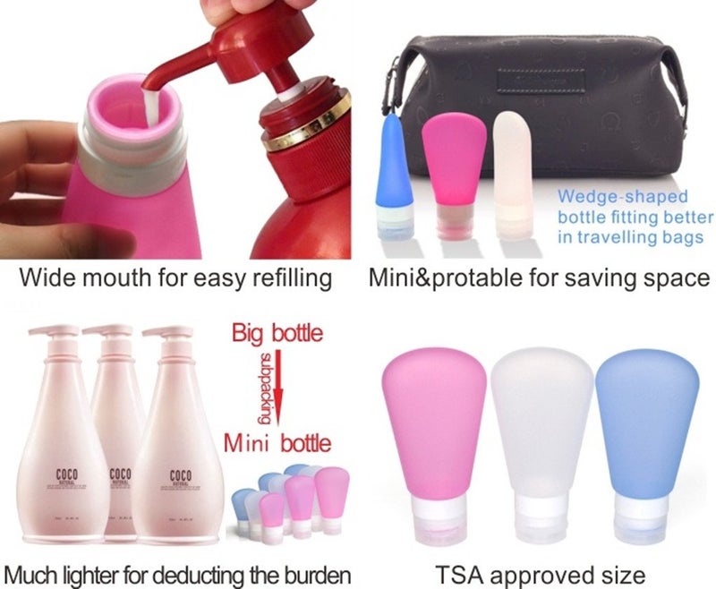 FNSHIP 3 Pack Portable Food Grade Squeeze Silicone Liquid Travel Bottles for Shampoo, Conditioner, Lotion, Toiletries, Condiments (1 OZ Pink + White + Blue) - Image 5