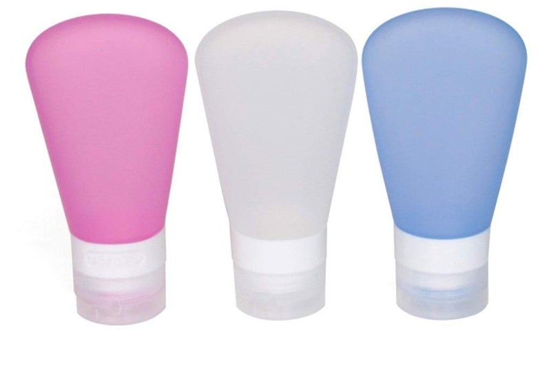 FNSHIP 3 Pack Portable Food Grade Squeeze Silicone Liquid Travel Bottles for Shampoo, Conditioner, Lotion, Toiletries, Condiments (1 OZ Pink + White + Blue) - Image 1
