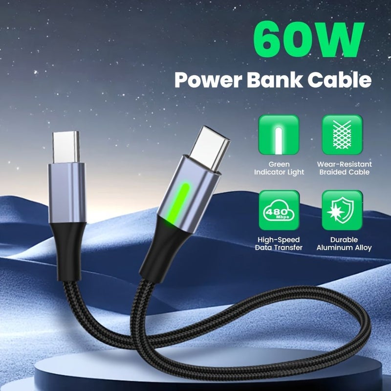 كابل USB-C بقدرة 66 واط (عدد 2) بطول 19.69 بوصة، سلك بيانات شحن سريع مزدوج من النوع C مع ضوء مؤشر - Image 2