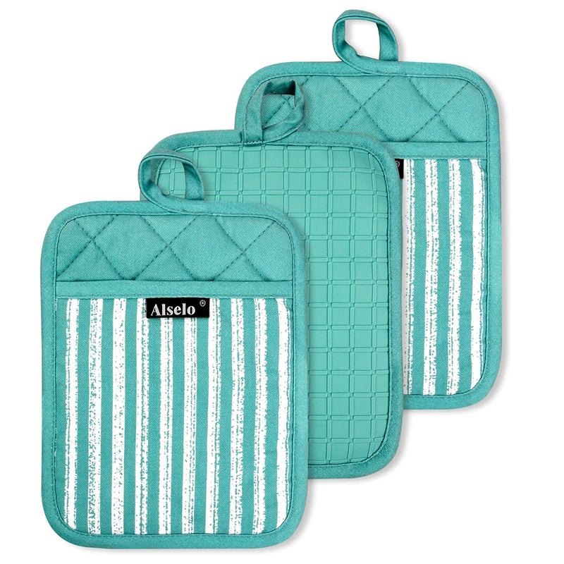 Alselo Silicone Pot Holders Set of 3 Heat Resistant  Non Slip Potholders Professional Oven Hot Pads with Pockets Mitts for Kitchen Cooking Baking Barbecue
