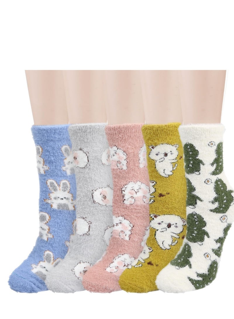 SYOSI 5 Pairs Fuzzy Socks, Animal Fuzzy Socks Funny Fluffy Soft Socks, Warm Soft Slipper Sock, Warm Winter Sleep Socks, Sleeping Thermal Fleece Plush Sock, for Winter Home Sleeping Holiday Gifts - Image 1