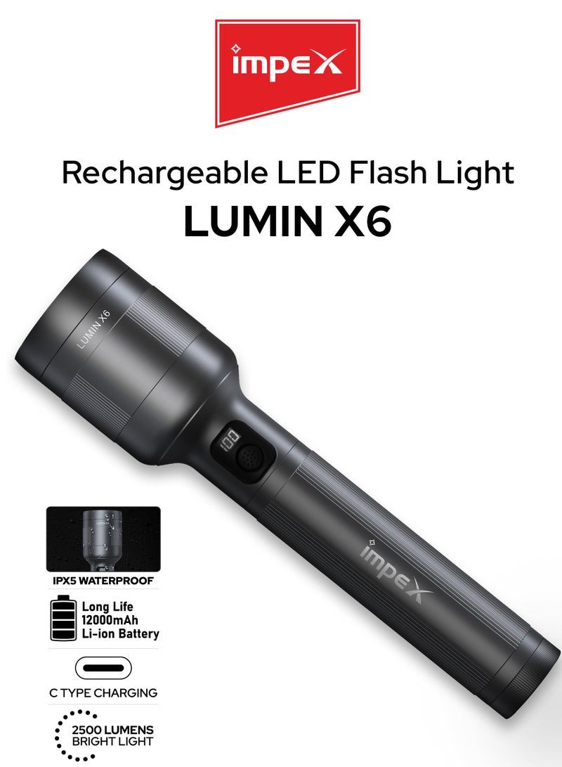 إمبكس كشاف LED قابل للشحن | 4 أوضاع إضاءة (عالي/منخفض/وميض/SOS) | هيكل من ألومنيوم طائرات غير قابل للتآكل | شحن Type-C | مدة تشغيل 6 ساعات | تغطية 700 متر، مقاوم للماء، بطارية ليثيوم أيون 12000mAh | غطاء أمامي غير قابل للكسر | LuminX6 جديد