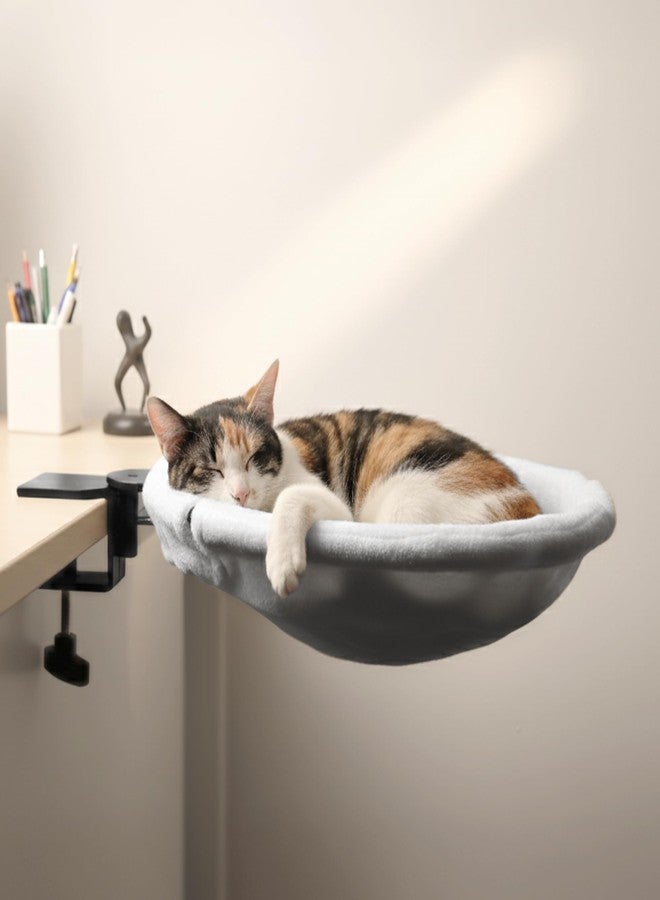 POMESEA Adjustable Cat Desk Bed, Sunken Design Cat Hammock, Supports Up to 50 lbs, Sturdy Metal Frame with Secure Clamp, Removable Faux Rabbit Plush Cover, Perfect for Home or Gaming Desk (White, XL) - Image 1