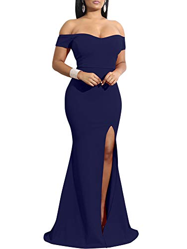 YMDUCH Women's Off Shoulder High Split Long Formal Party Dress Evening Gown Navy - Image 1