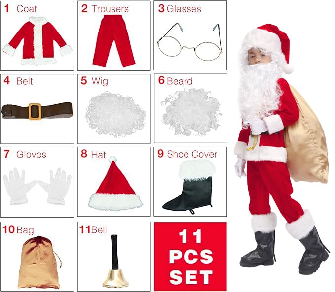 OVOV 11 Pcs Kids Santa Costume Deluxe Kids Santa Suit Toddler Santa Claus Costume for Halloween Cosplay - Image 2