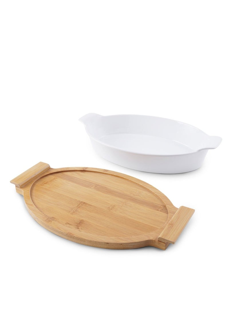 Pan Home طبق خبز بيضاوي ناتورا مع قاعدة من الخيزران 2.2 لتر - أبيض - Image 3