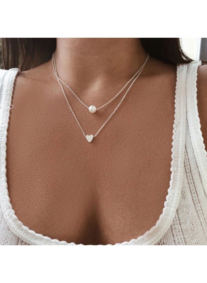 ARTMISS Layered Choker Necklace Silver Women Heart Pearl Pendant Necklace Double Chain for Girls - Image 2
