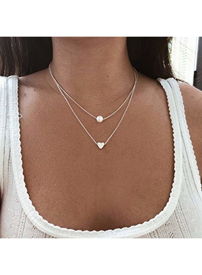 ARTMISS Layered Choker Necklace Silver Women Heart Pearl Pendant Necklace Double Chain for Girls - Image 4
