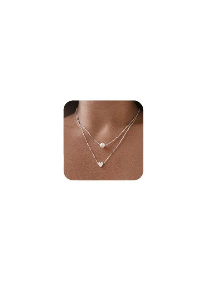 ARTMISS Layered Choker Necklace Silver Women Heart Pearl Pendant Necklace Double Chain for Girls - Image 1