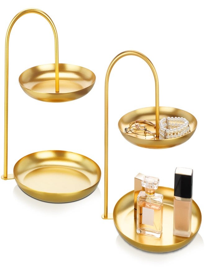 Maxcheck 2 Pcs Necklace Display Stand 2 Tier Jewelry Holder Tabletop Jewelry Organizer Tower with Round Storage Tray Organizer Tower for Bracelets Necklaces Earrings Makeups(Gold) - Image 1
