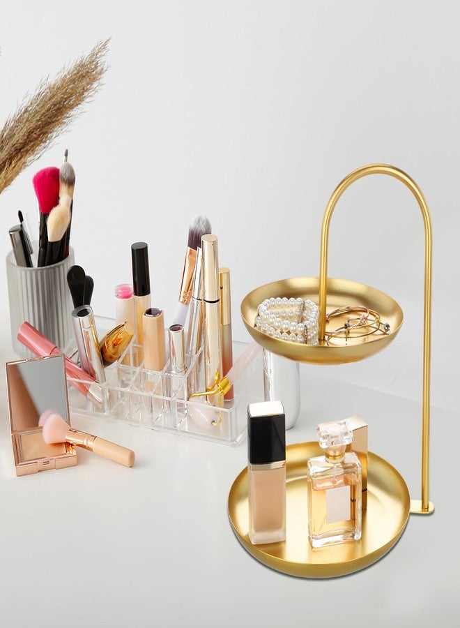 Maxcheck 2 Pcs Necklace Display Stand 2 Tier Jewelry Holder Tabletop Jewelry Organizer Tower with Round Storage Tray Organizer Tower for Bracelets Necklaces Earrings Makeups(Gold) - Image 5