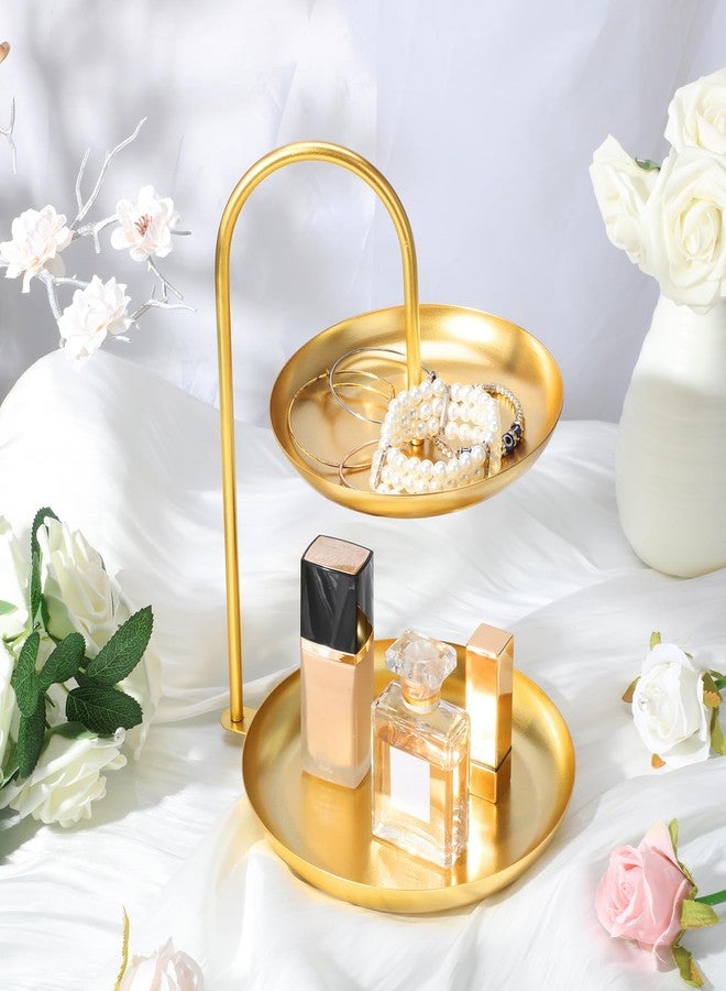 Maxcheck 2 Pcs Necklace Display Stand 2 Tier Jewelry Holder Tabletop Jewelry Organizer Tower with Round Storage Tray Organizer Tower for Bracelets Necklaces Earrings Makeups(Gold) - Image 2