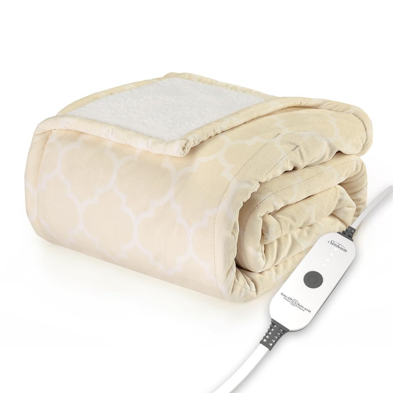 Sunbeam Royal Mink Sherpa Champagne Lattice Heated Personal Throw  Blanket CozyWarm Adjustable Heat Settings