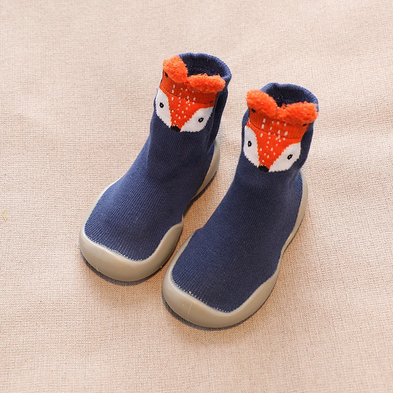 Kids Cartoon Sock Shoes Spring Autumn Anti-Slip Mid-Tube Blue Fox (gray background) 