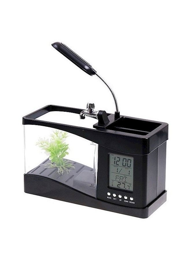 حوض سمك صغير مكتبي مزوّد بشاشة LCD ذات ساعة مع مصباح بإضاءة LED ومنفذ USB طراز lym H4874 أسود / شفاف 24x20x9.7سم - Image 1