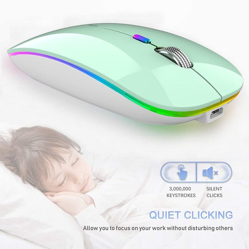 TENMOS Wireless Bluetooth Mouse, LED Slim Dual Mode (Bluetooth 5.1 + USB) 2.4GHz Rechargeable Silent Mint Green Mouse for Laptop/MacBook/iPad OS 13 and Above - Image 4