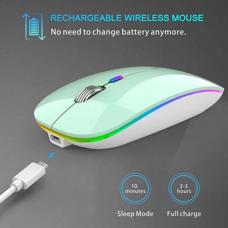 TENMOS Wireless Bluetooth Mouse, LED Slim Dual Mode (Bluetooth 5.1 + USB) 2.4GHz Rechargeable Silent Mint Green Mouse for Laptop/MacBook/iPad OS 13 and Above - Image 5