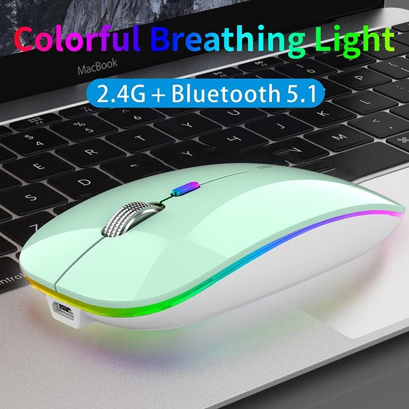 TENMOS Wireless Bluetooth Mouse, LED Slim Dual Mode (Bluetooth 5.1 + USB) 2.4GHz Rechargeable Silent Mint Green Mouse for Laptop/MacBook/iPad OS 13 and Above - Image 2