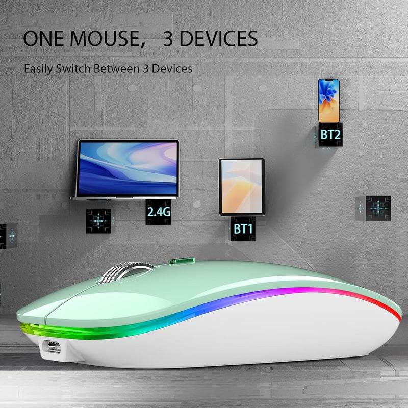 TENMOS Wireless Bluetooth Mouse, LED Slim Dual Mode (Bluetooth 5.1 + USB) 2.4GHz Rechargeable Silent Mint Green Mouse for Laptop/MacBook/iPad OS 13 and Above - Image 3