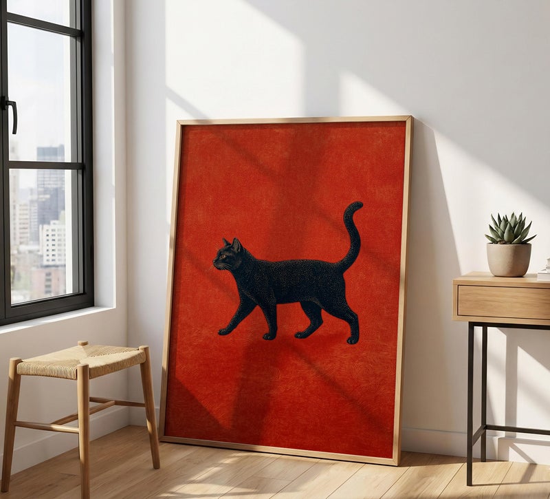 TNESSENTIAL Mid-Century Black Cat Print – Minimalist Walking Cat Art, Retro Red Abstract Decor, Sophisticated Cat Poster, Vintage Cat Illustration - Image 4