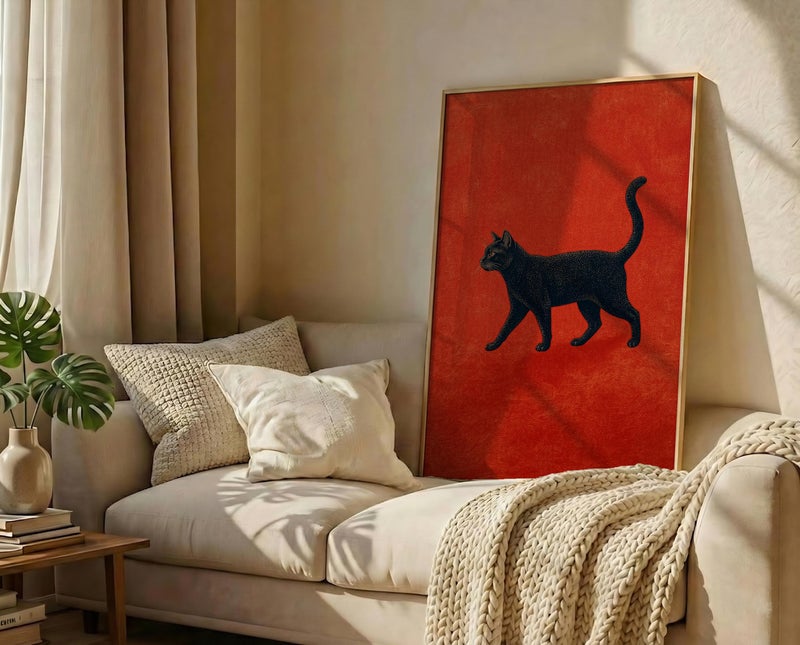 TNESSENTIAL Mid-Century Black Cat Print – Minimalist Walking Cat Art, Retro Red Abstract Decor, Sophisticated Cat Poster, Vintage Cat Illustration - Image 3